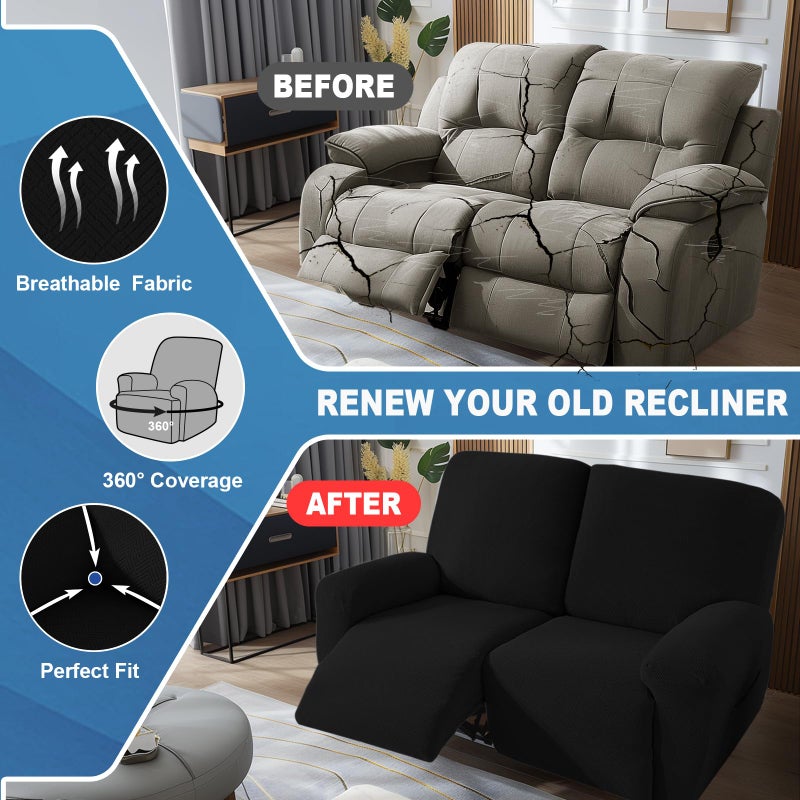 JIVINER 4 Pieces Recliner Loveseat Covers Stretch Recliner Sofa Slipcover with Elastic Bottom Jacquard Fitted Reclining Couch Cover Furniture Protector with Pockets (2 Seater  Black) - Image 5